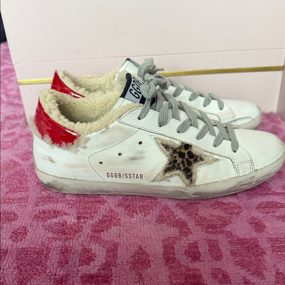 Golden Goose Shearling White Sneakers with Leopard Accent and Red Patent Detail